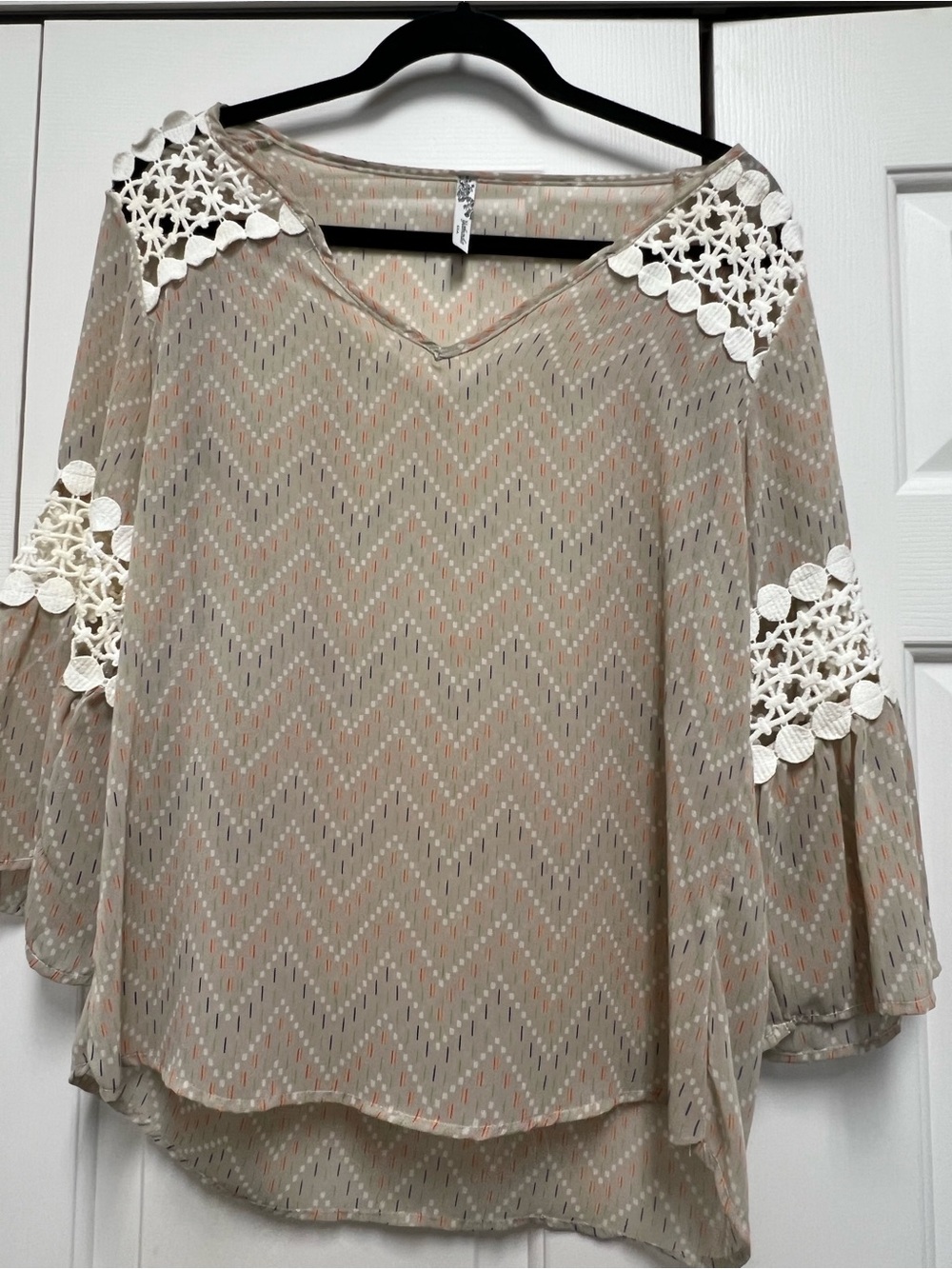 Yahada Boho Chevron Crochet-Trim Blouse - Taupe